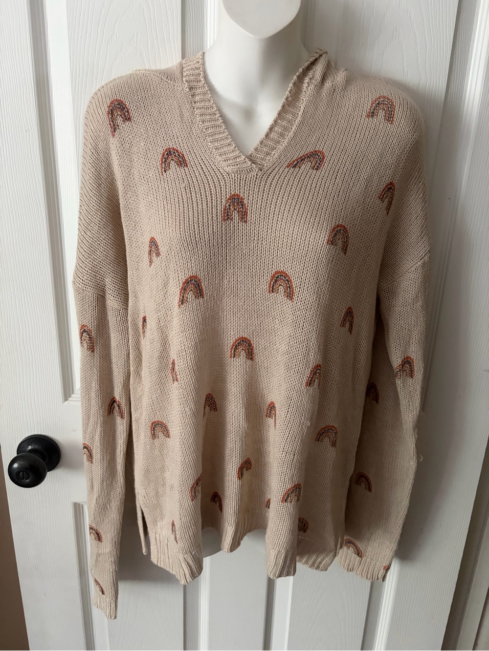 Marled Reunited Women’s Neutral Colored Rainbow Hooded Sweater Size XL